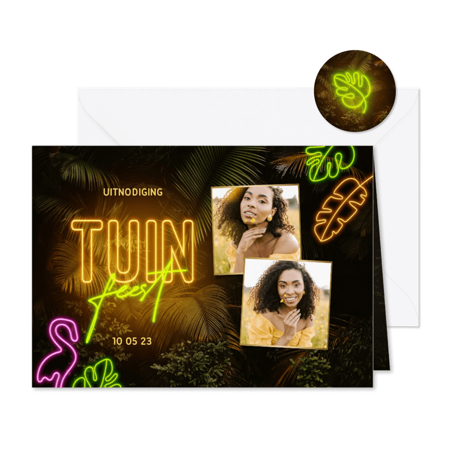 Uitnodiging tuinfeest botanisch met foto's en neon tekst - Kaartimpressie