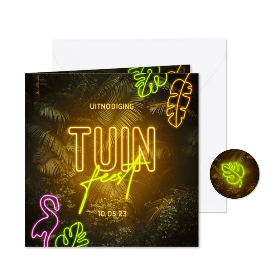 Uitnodiging tuinfeest botanisch met neon tekst - Kaartimpressie