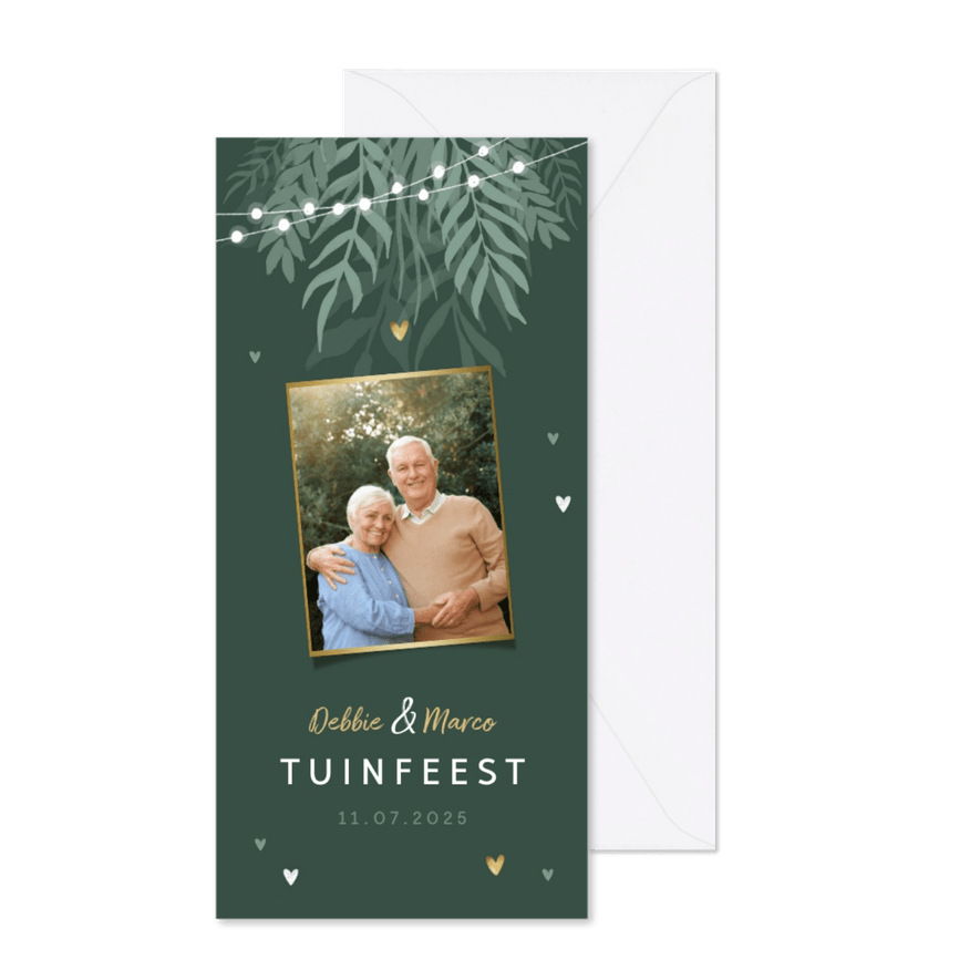 Uitnodiging tuinfeest groen botanisch lampjes hartjes foto - Kaartimpressie