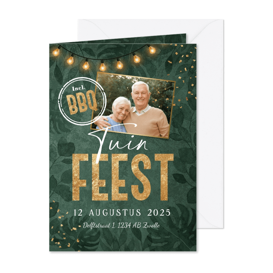 Uitnodiging tuinfeest groen met lampjes confetti foto - Kaartimpressie