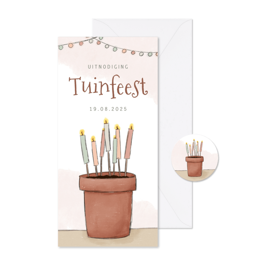 Uitnodiging tuinfeest illustratie bloempot met kaarsen - Kaartimpressie