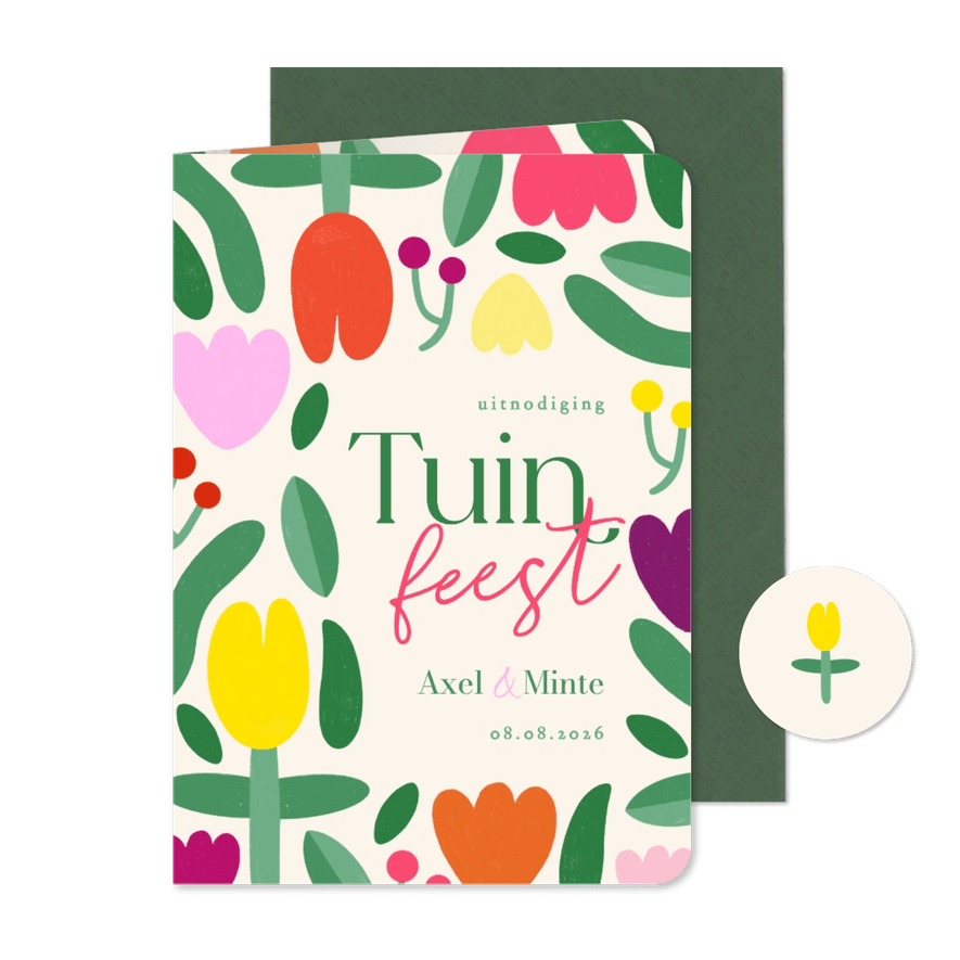 Uitnodiging tuinfeest kleurige tulpen moderne bloemen - Kaartimpressie