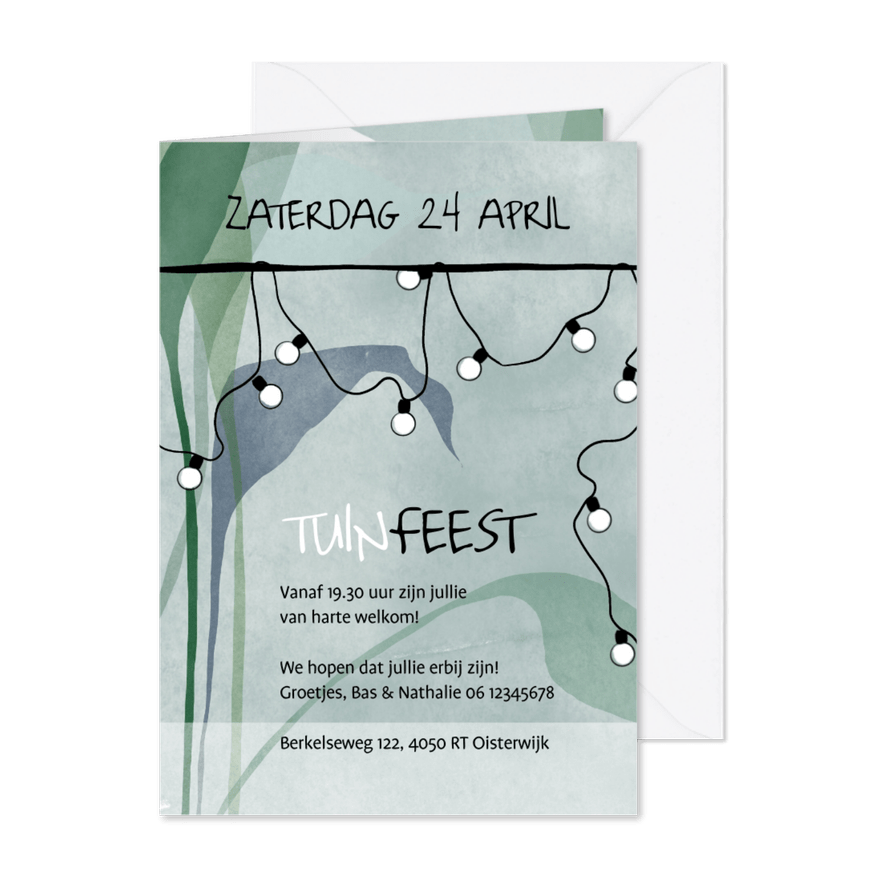 Uitnodiging tuinfeest, met gezellige lichtjes - Kaartimpressie