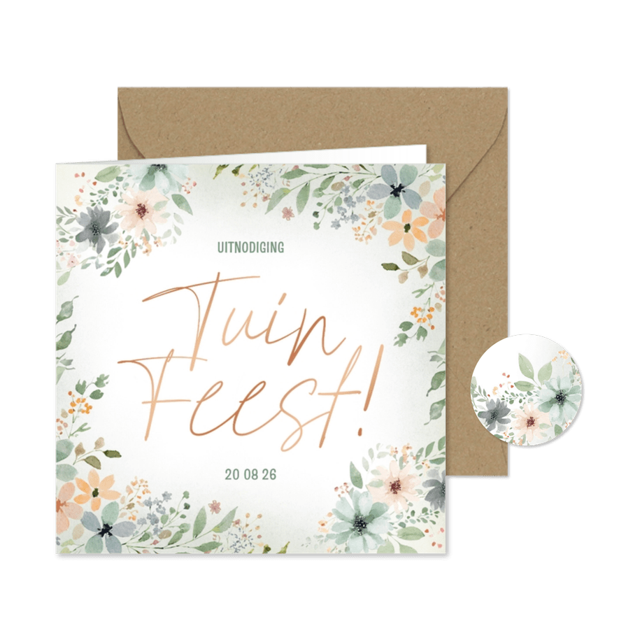 Uitnodiging tuinfeest met kader van bloemen romantisch - Kaartimpressie