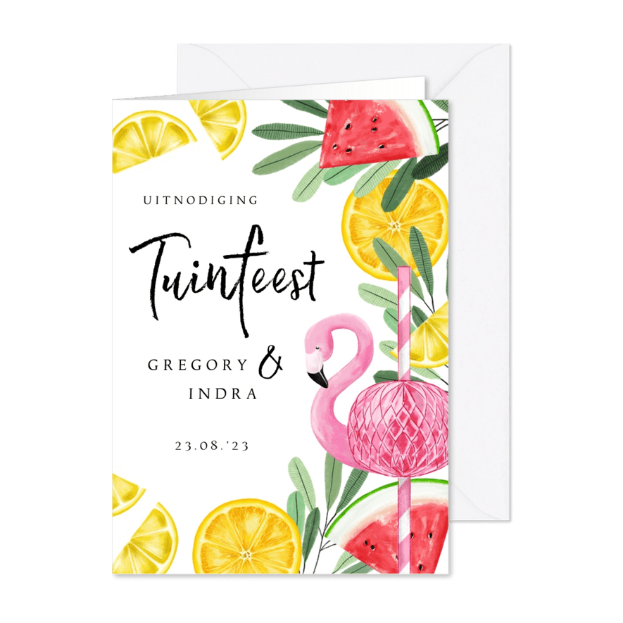 Uitnodiging tuinfeest met tropical elementen en flamingo - Kaartimpressie