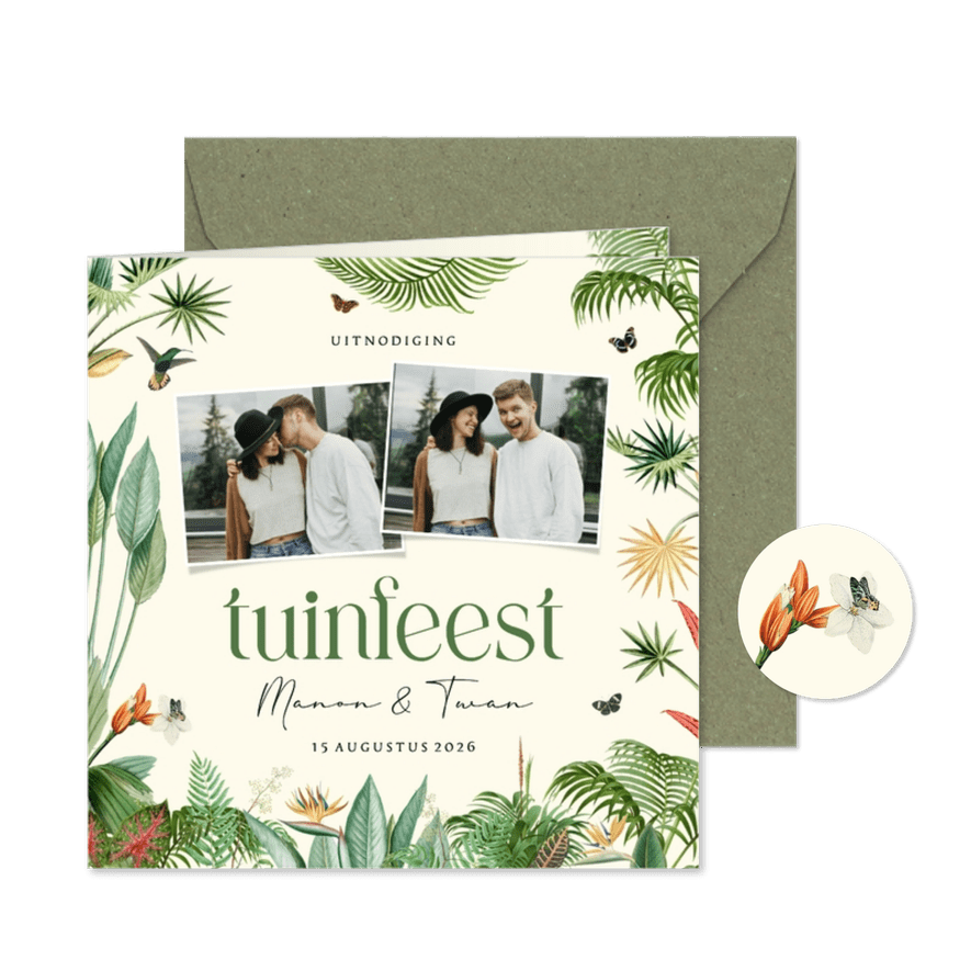 Uitnodiging tuinfeest met tropische planten en foto's - Kaartimpressie