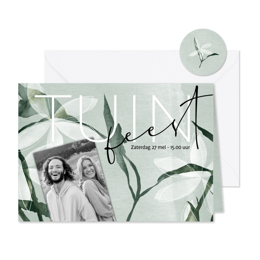 Uitnodiging tuinfeest met waterverf en bloemen - Kaartimpressie