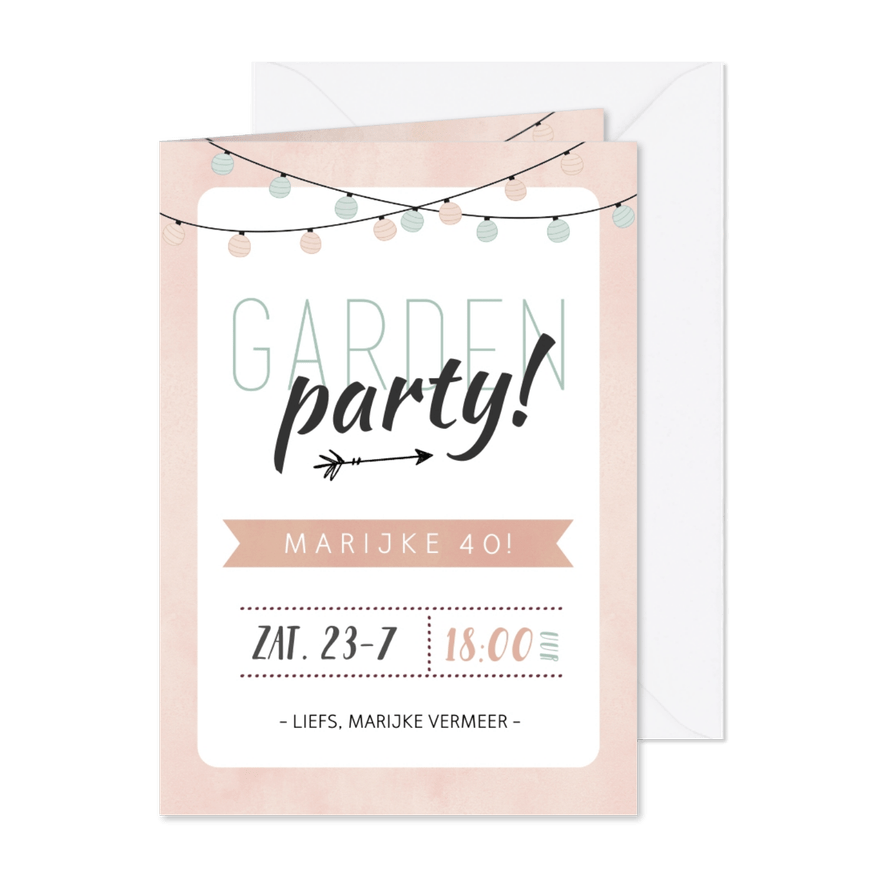 Uitnodiging tuinfeest roze met groene lampjes slinger - Kaartimpressie