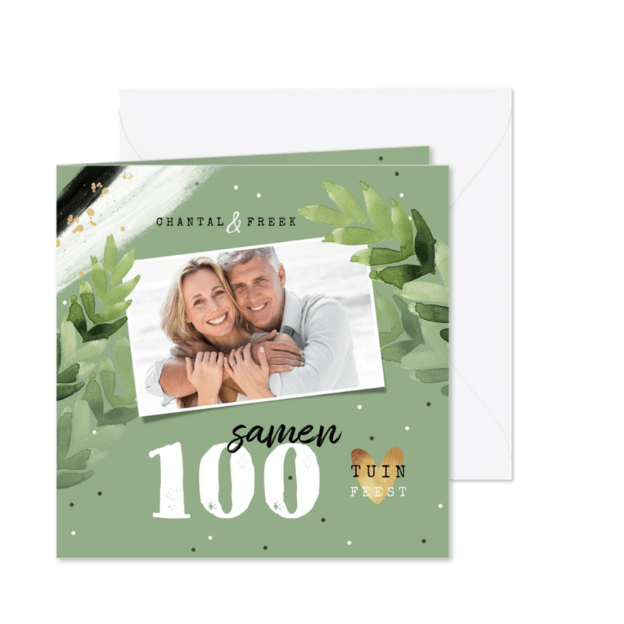 Uitnodiging tuinfeest samen 100 groen foto confetti - Kaartimpressie