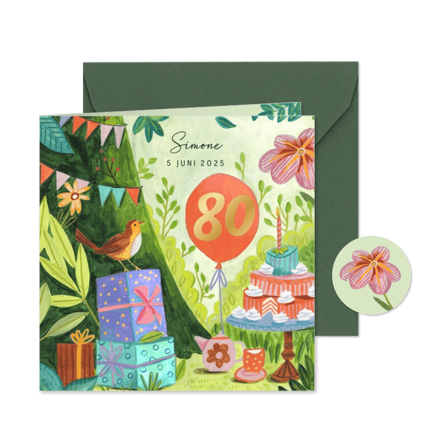 Uitnodiging tuinfeest taart en cadeautjes - Kaartimpressie