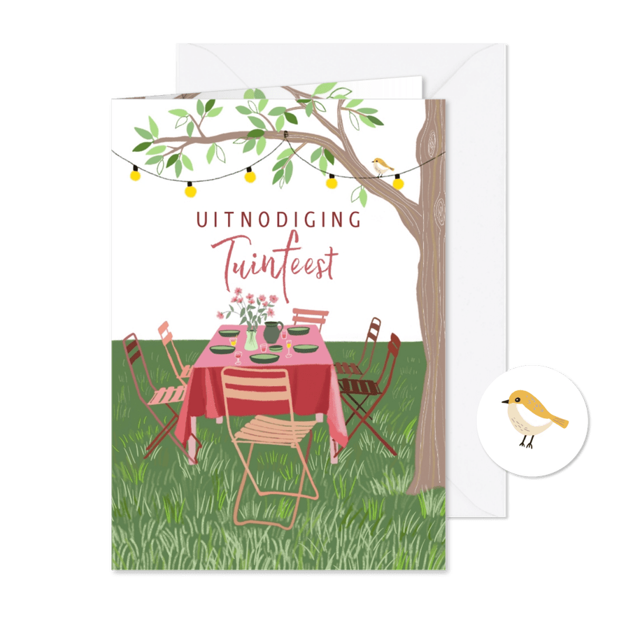 Uitnodiging tuinfeest tafel onder boom - Kaartimpressie