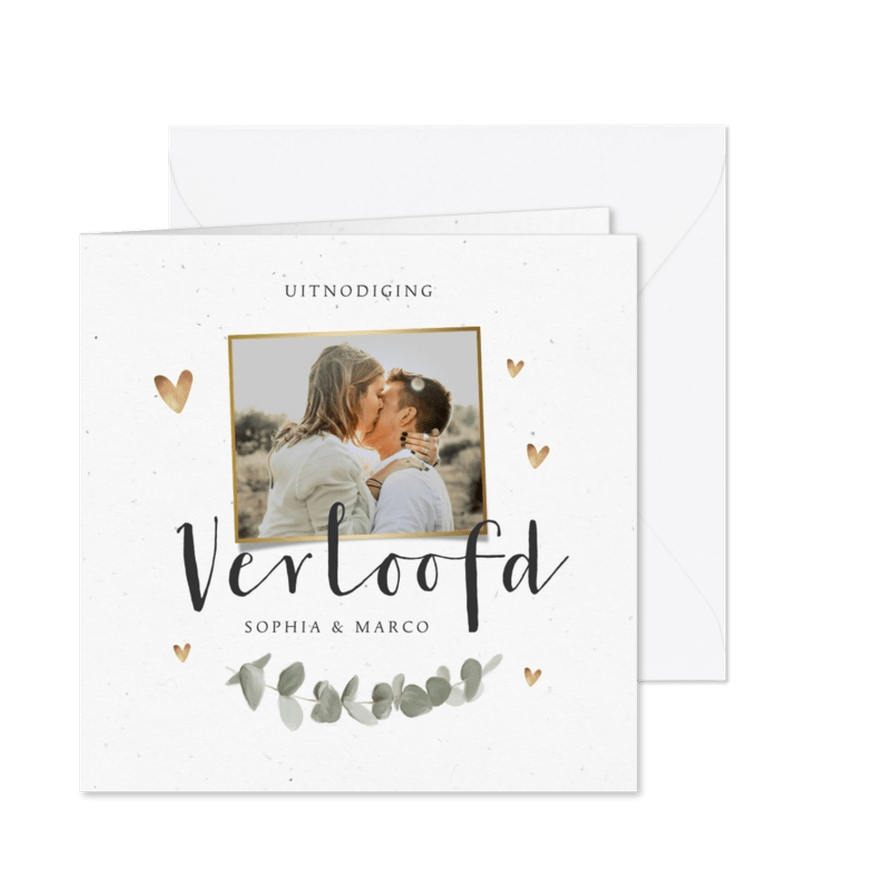 Uitnodiging tuinfeest verloofd foto hartjes eucalyptus - Kaartimpressie