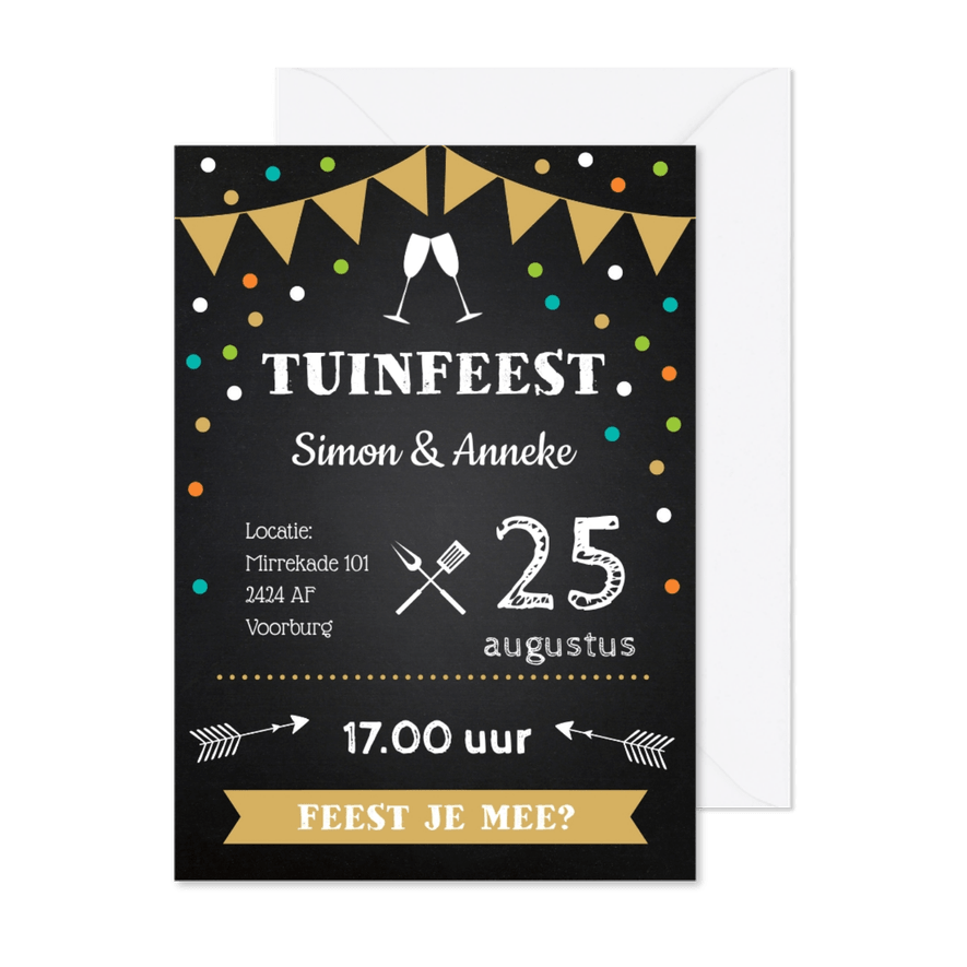 Uitnodiging tuinfeest vlag confetti krijtbord - Kaartimpressie