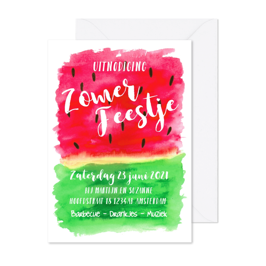 Uitnodiging tuinfeest watermeloen aquarel - Kaartimpressie