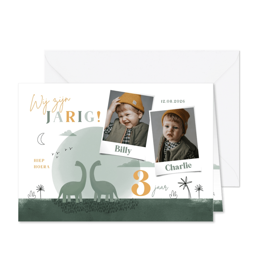Uitnodiging tweeling kinderfeestje dinosaurus jungle foto's - Kaartimpressie