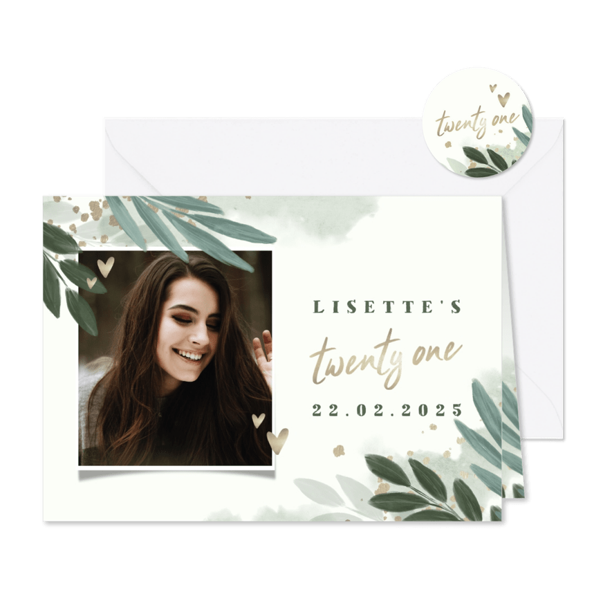 Uitnodiging 'twenty one' botanisch met gouden hartjes - Kaartimpressie