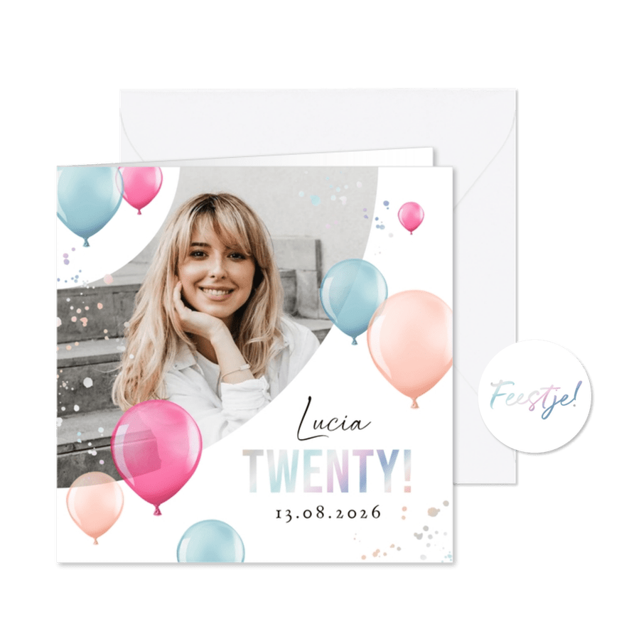 Uitnodiging twenty verjaardagsfeest ballonnen holografisch - Kaartimpressie
