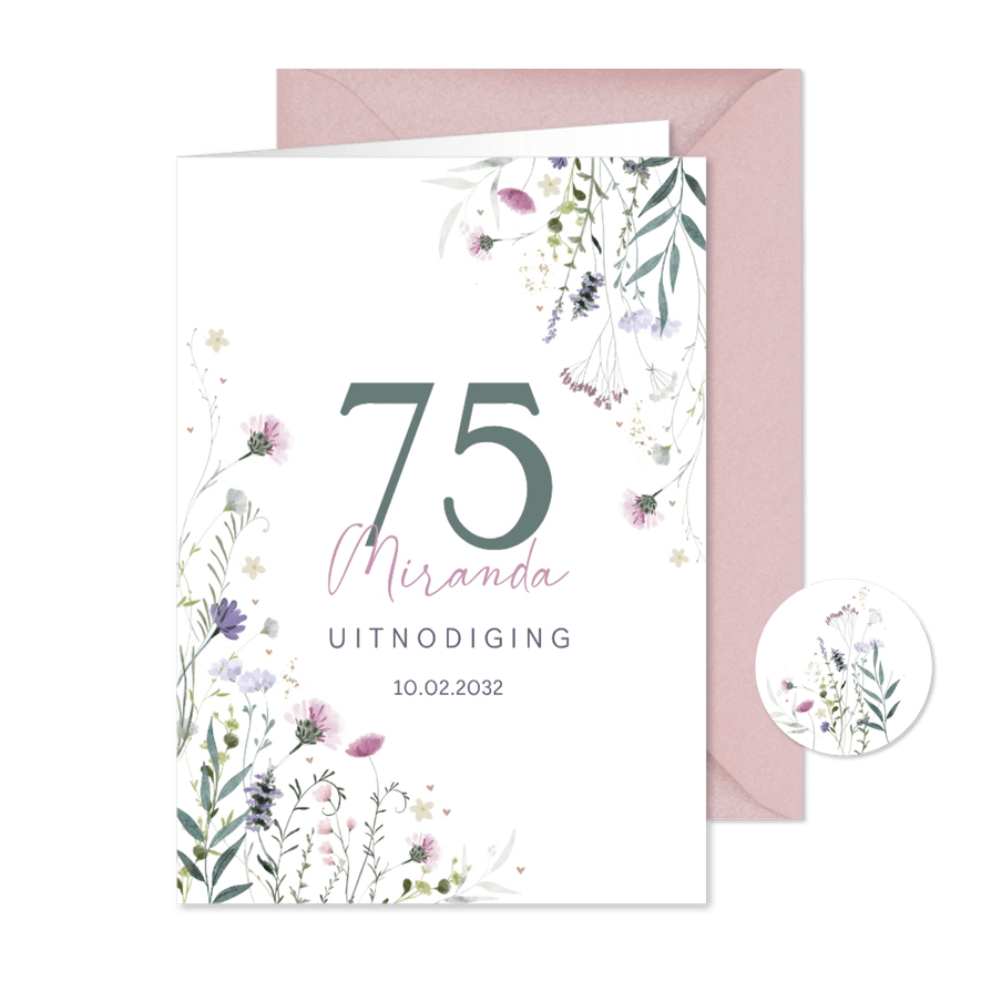 Uitnodiging veldbloemen met hartjes watercolor - Kaartimpressie