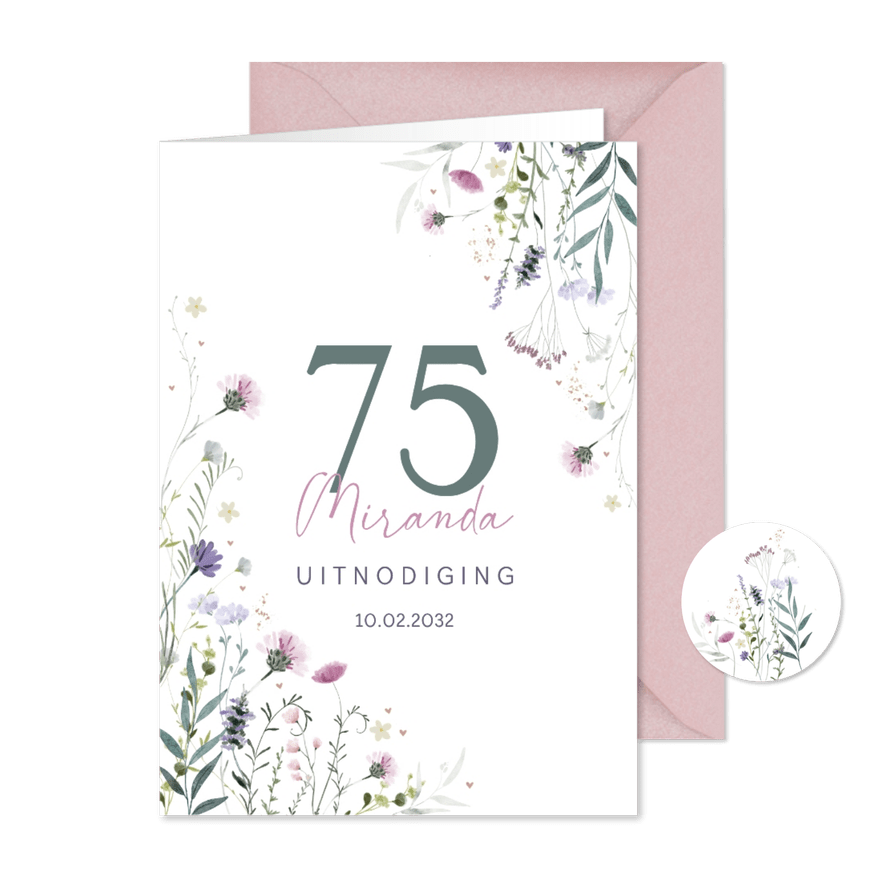 Uitnodiging veldbloemen met hartjes watercolor - Kaartimpressie