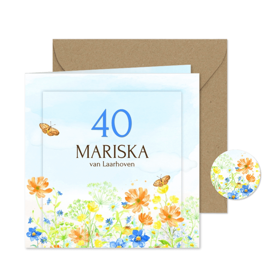 Uitnodiging veldbloemen met vlinder - Kaartimpressie