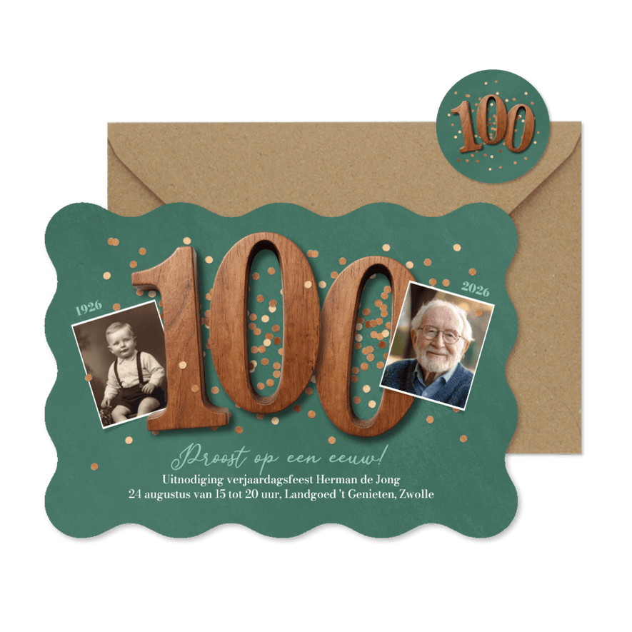 Uitnodiging verjaardag 100 eeuw oud vintage houten cijfers - Kaartimpressie