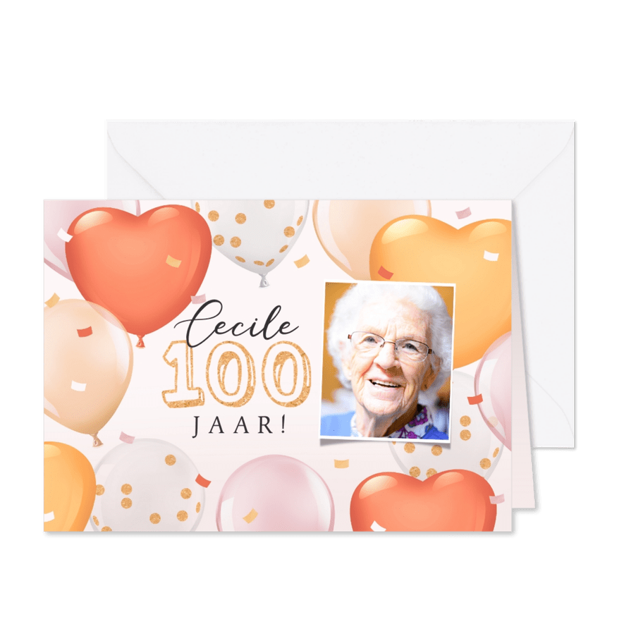 Uitnodiging verjaardag 100 jaar foto confetti ballonnen - Kaartimpressie
