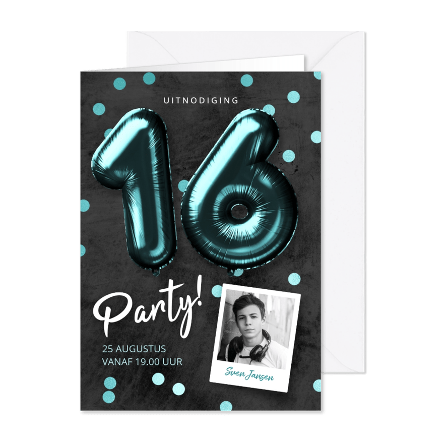 Uitnodiging verjaardag 16 jaar jongen ballonnen - Kaartimpressie