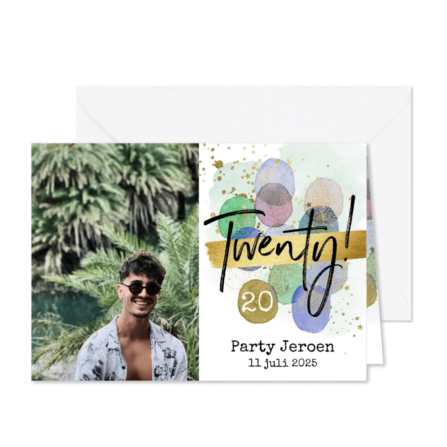 Uitnodiging verjaardag 20 ballonnen watercolor foto goud - Kaartimpressie