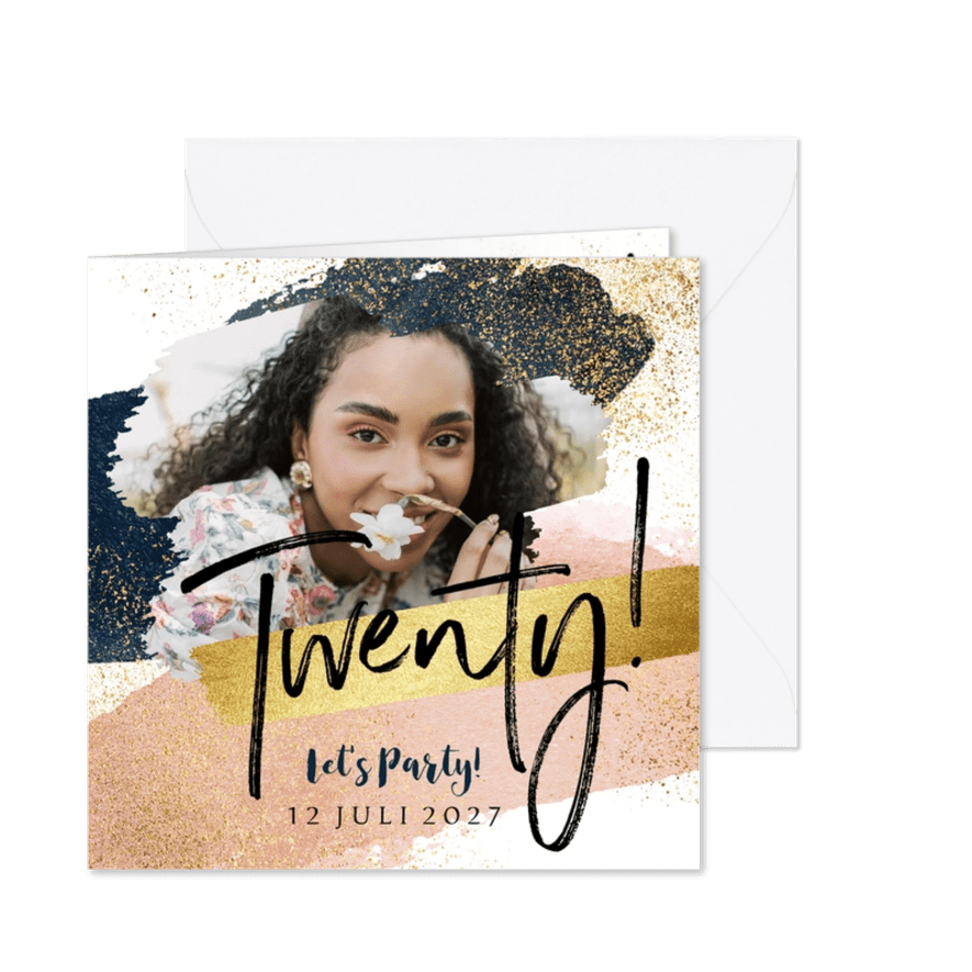 Uitnodiging verjaardag 20 watercolor verfstrepen goud foto - Kaartimpressie