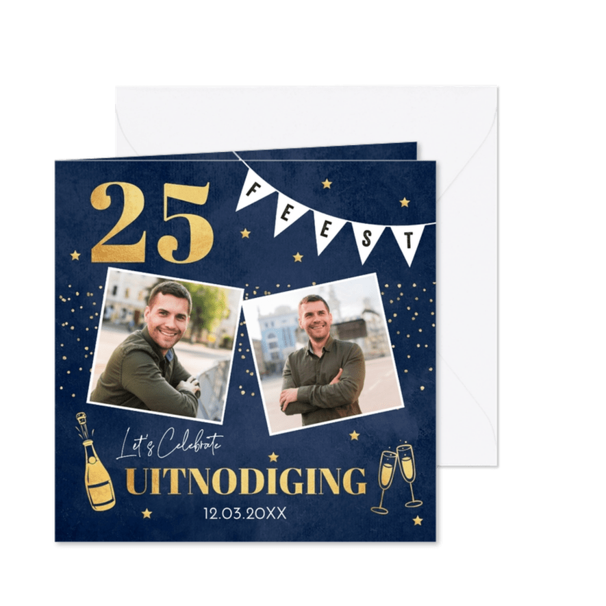 Uitnodiging verjaardag 25 jaar foto blauw slinger goudlook - Kaartimpressie