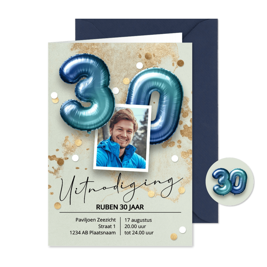 Uitnodiging verjaardag 30 jaar jongen man ballonnen - Kaartimpressie