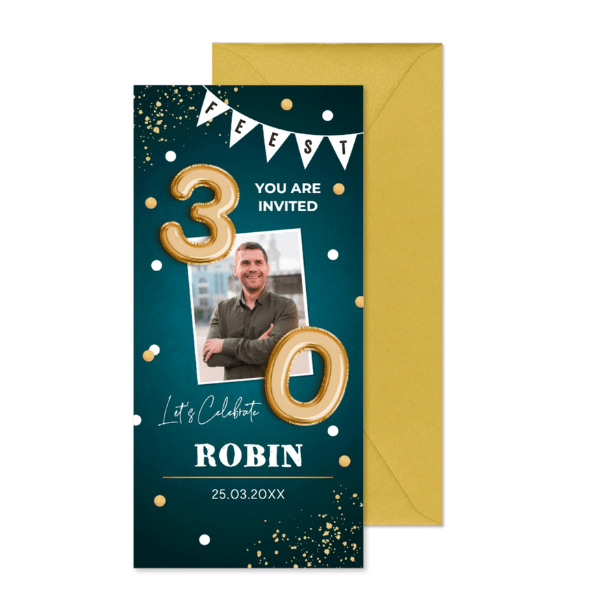 Uitnodiging verjaardag 30 jaar met foto slinger confetti - Kaartimpressie