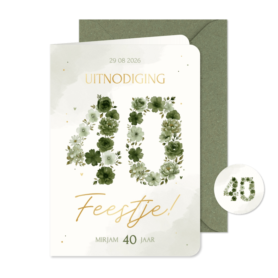Uitnodiging verjaardag 40 in groene bloemen feestje - Kaartimpressie