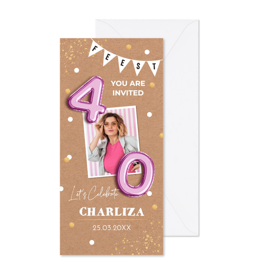 Uitnodiging verjaardag 40 jaar foto kraft bruin slinger goud - Kaartimpressie