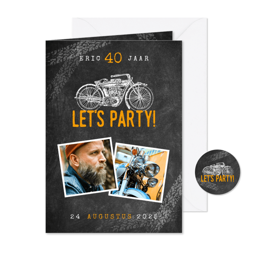 Uitnodiging verjaardag 40 jaar motor, let's party en foto's - Kaartimpressie