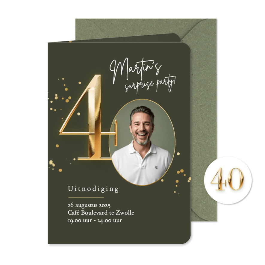 Uitnodiging verjaardag 40 jaar stijlvol goud spetters foto - Kaartimpressie