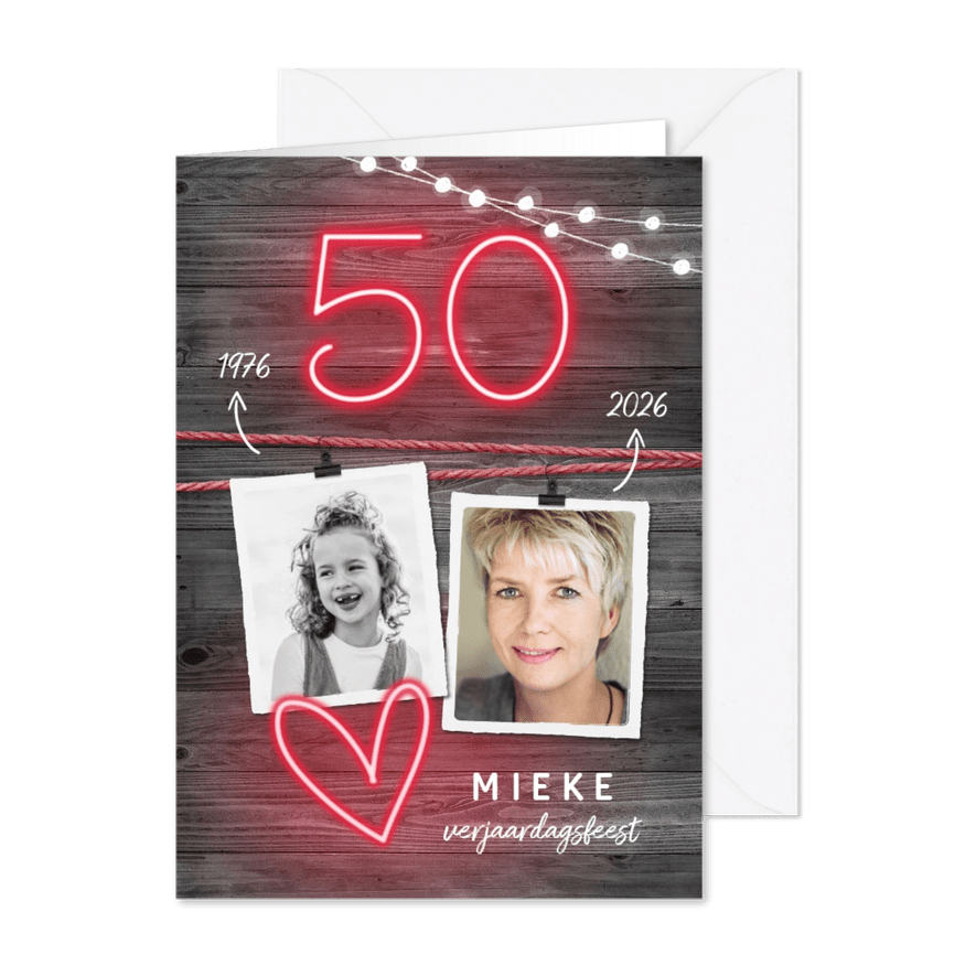 Uitnodiging verjaardag 50 vrouw stoer en hip neon - Kaartimpressie