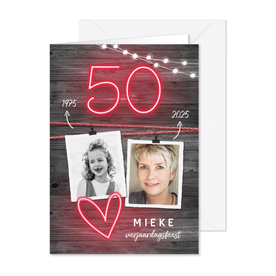 Uitnodiging verjaardag 50 vrouw stoer en hip neon - Kaartimpressie