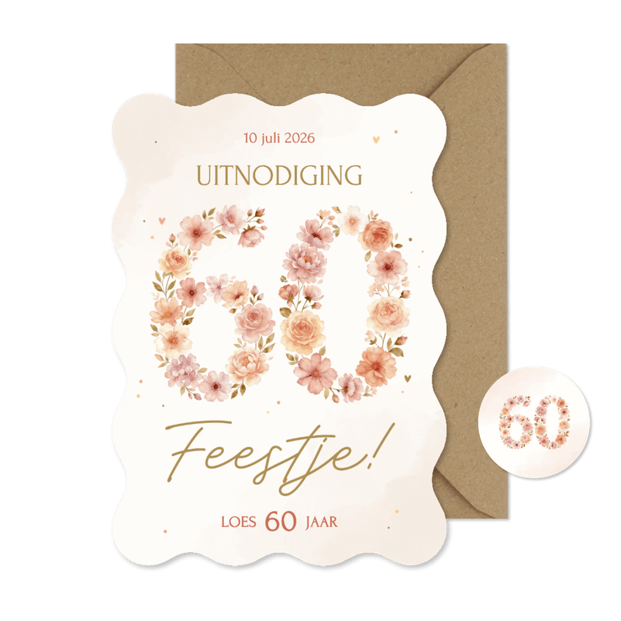 Uitnodiging verjaardag 60 in beige bloemen golvende rand - Kaartimpressie