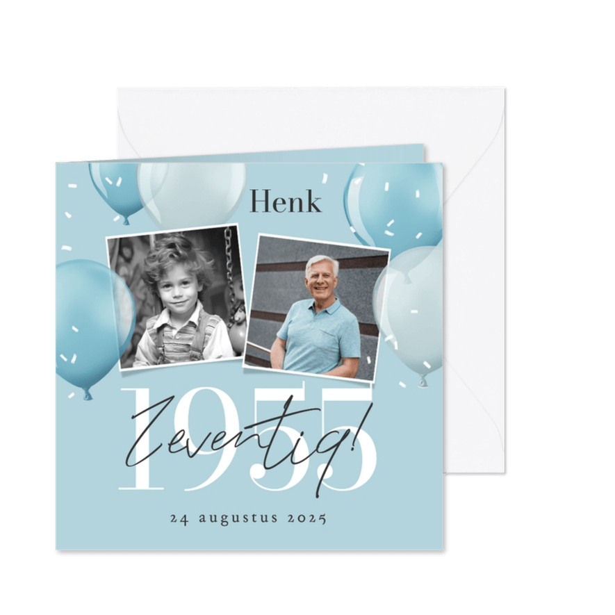 Uitnodiging verjaardag 70 jaar 1955 ballonnen blauw fotos - Kaartimpressie