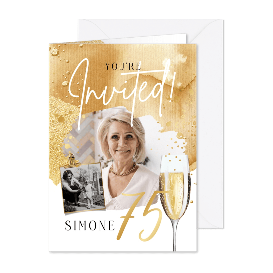 Uitnodiging verjaardag 75 jaar champagne waterverf foto - Kaartimpressie