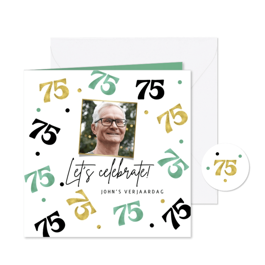 Uitnodiging verjaardag 75 jaar confetti goud groen foto - Kaartimpressie