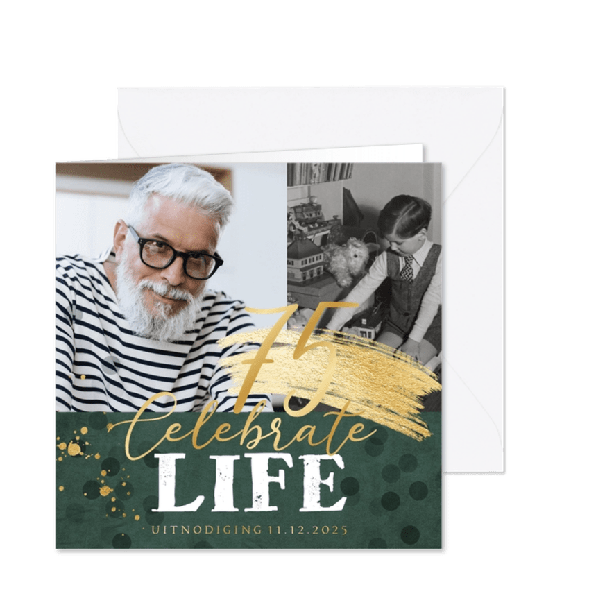 Uitnodiging verjaardag 75 jaar velvet goudfolie confetti - Kaartimpressie