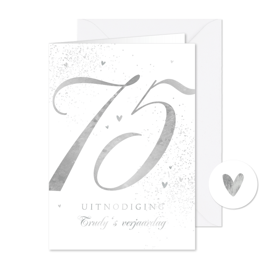 Uitnodiging verjaardag 75 jaar zilver hartjes stijlvol - Kaartimpressie