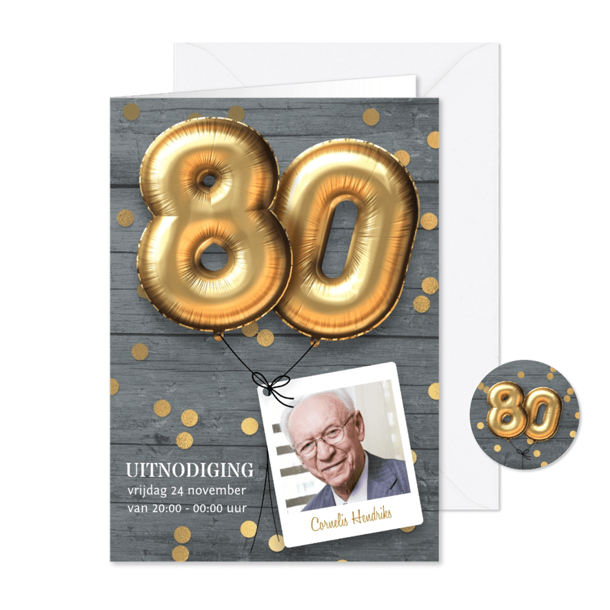Uitnodiging verjaardag 80 jaar ballon - Kaartimpressie