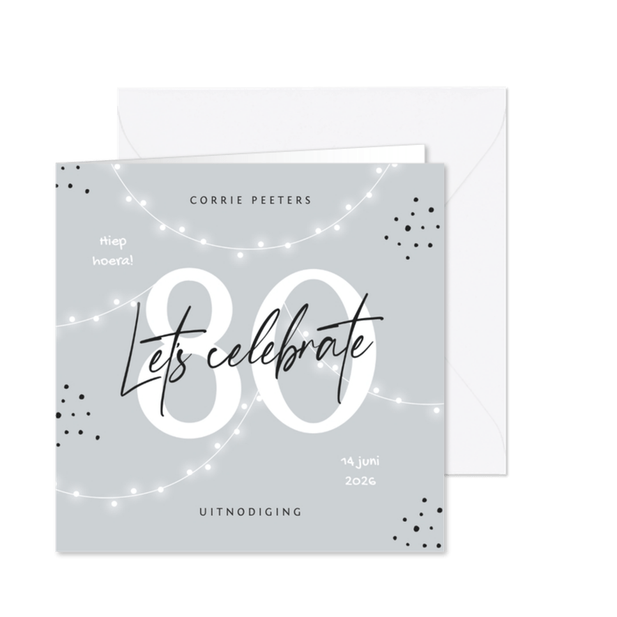 Uitnodiging verjaardag 80 jaar man vrouw slingers confetti - Kaartimpressie