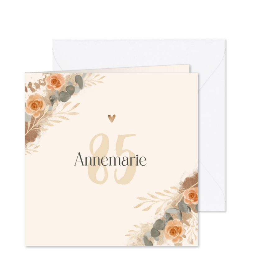 Uitnodiging verjaardag 85 jaar bloemen beige - Kaartimpressie
