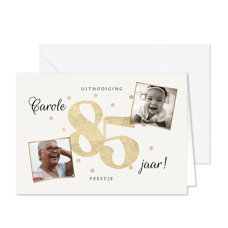 Uitnodiging verjaardag 85 jaar goud confetti foto's - Kaartimpressie