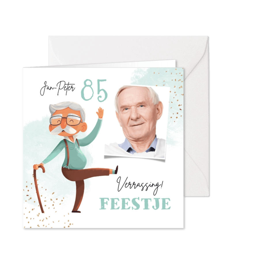 Uitnodiging verjaardag 85 jaar illustratie humor senior - Kaartimpressie