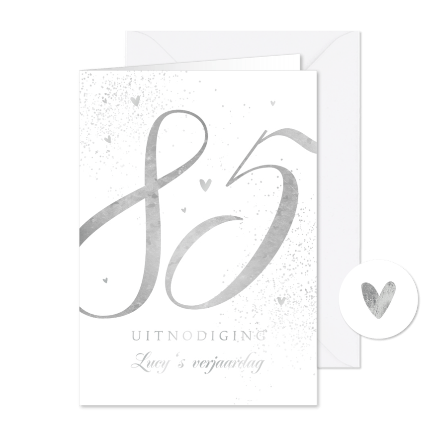 Uitnodiging verjaardag 85 jaar zilver hartjes stijlvol - Kaartimpressie
